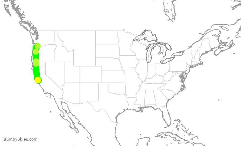 Turbulence forecast map for ASA678, PDX to SJC