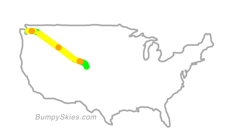 Map of continental US with illustrated flight path and turbulence forecast (described in text below)