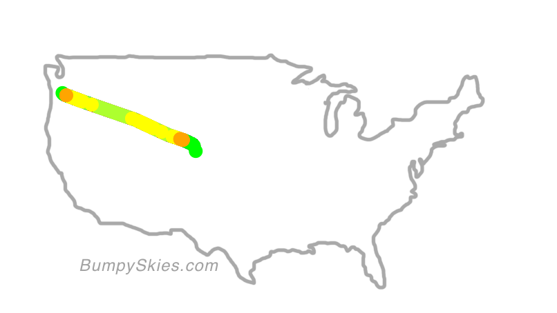 Map of continental US with illustrated flight path and turbulence forecast (described in text below)