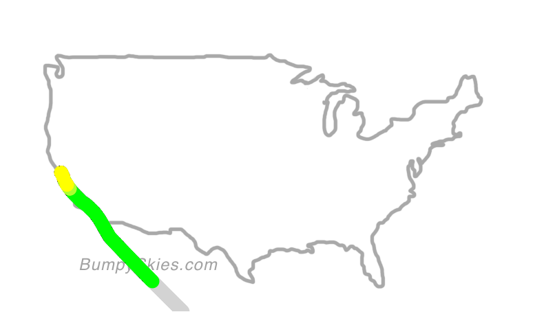 Map of continental US with illustrated flight path and turbulence forecast (described in text below)