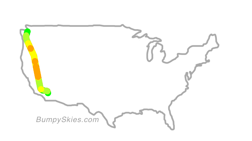 Map of continental US with illustrated flight path and turbulence forecast (described in text below)