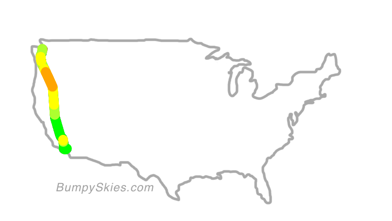 Map of continental US with illustrated flight path and turbulence forecast (described in text below)
