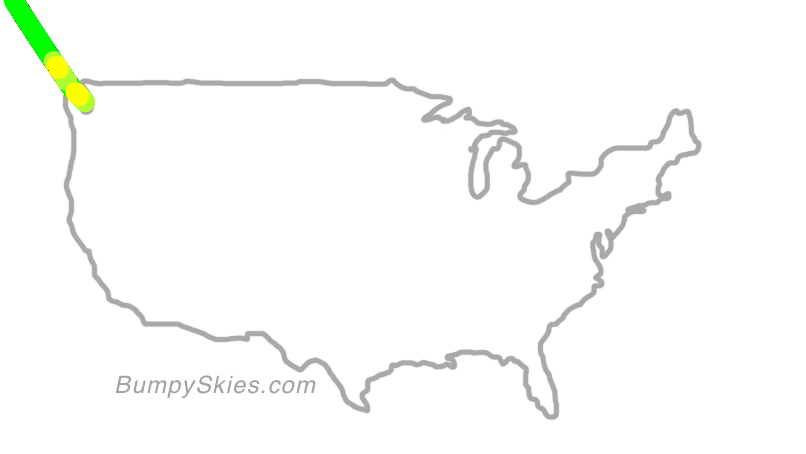 Map of continental US with illustrated flight path and turbulence forecast (described in text below)