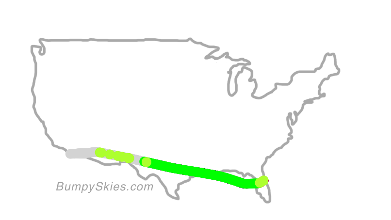 Map of continental US with illustrated flight path and turbulence forecast (described in text below)