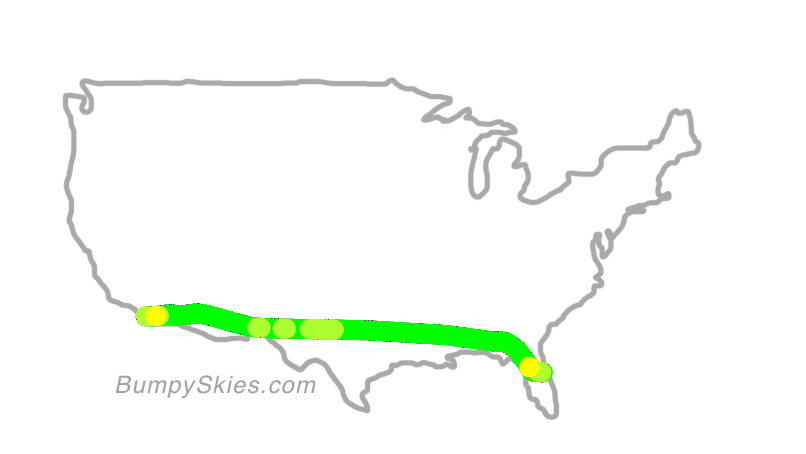 Map of continental US with illustrated flight path and turbulence forecast (described in text below)