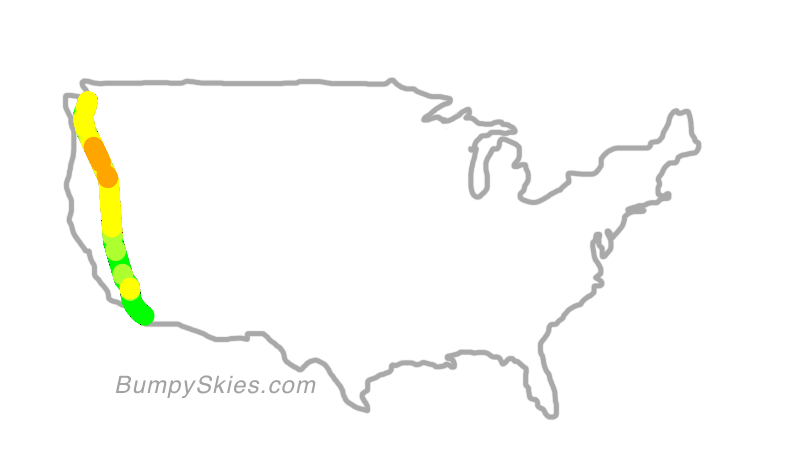 Map of continental US with illustrated flight path and turbulence forecast (described in text below)