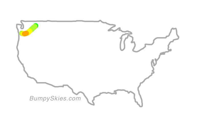 Map of continental US with illustrated flight path and turbulence forecast (described in text below)