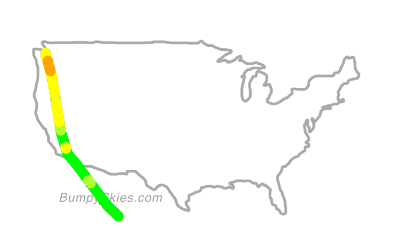 Map of continental US with illustrated flight path and turbulence forecast (described in text below)