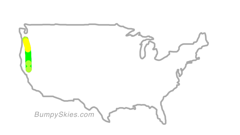 Map of continental US with illustrated flight path and turbulence forecast (described in text below)