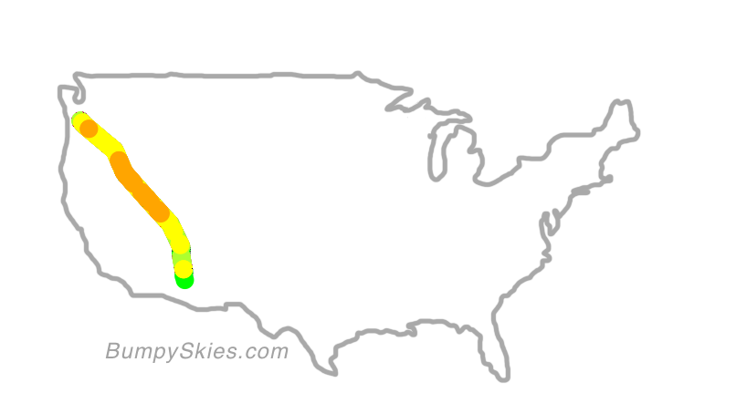 Map of continental US with illustrated flight path and turbulence forecast (described in text below)