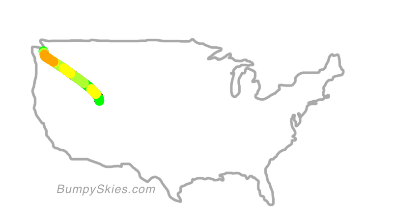 Map of continental US with illustrated flight path and turbulence forecast (described in text below)