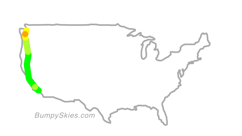 Map of continental US with illustrated flight path and turbulence forecast (described in text below)