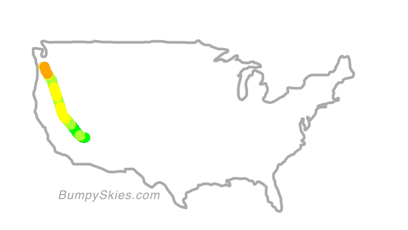 Map of continental US with illustrated flight path and turbulence forecast (described in text below)