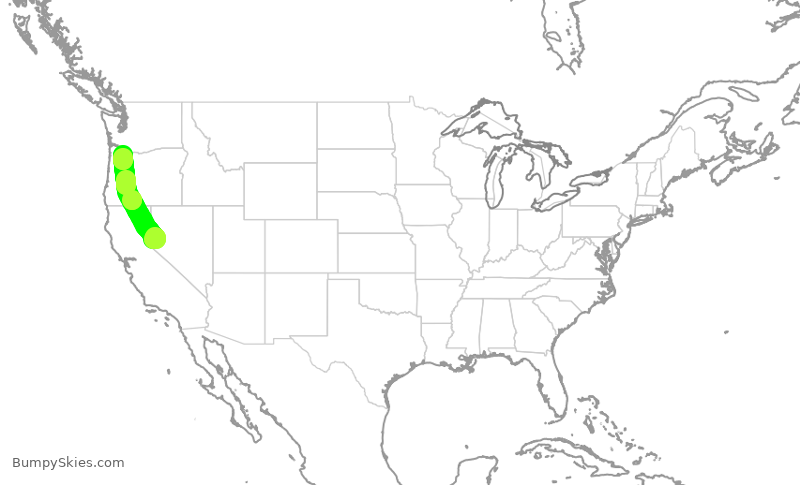 Turbulence forecast map for ASA729, RNO to PDX