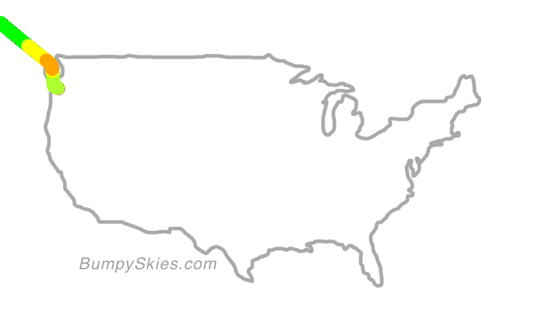Map of continental US with illustrated flight path and turbulence forecast (described in text below)