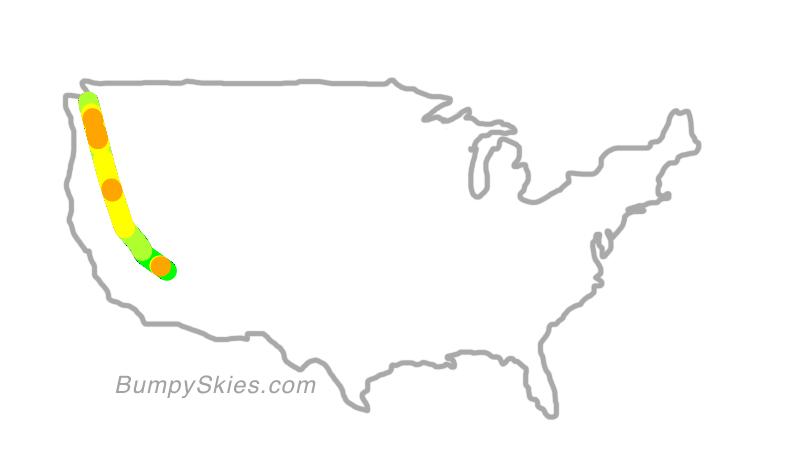 Map of continental US with illustrated flight path and turbulence forecast (described in text below)