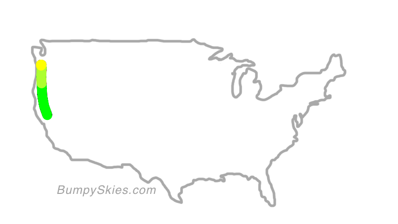 Map of continental US with illustrated flight path and turbulence forecast (described in text below)