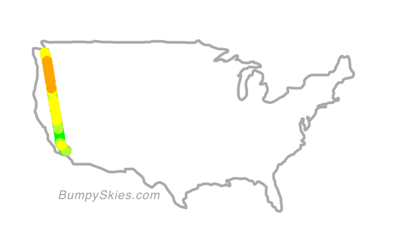 Map of continental US with illustrated flight path and turbulence forecast (described in text below)