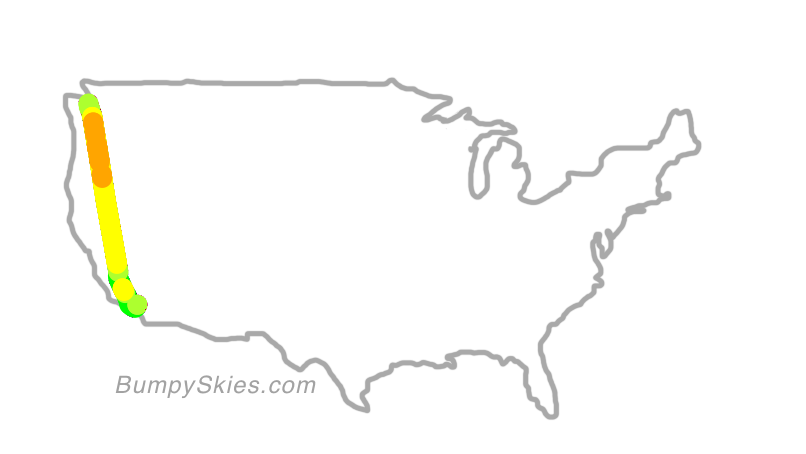 Map of continental US with illustrated flight path and turbulence forecast (described in text below)