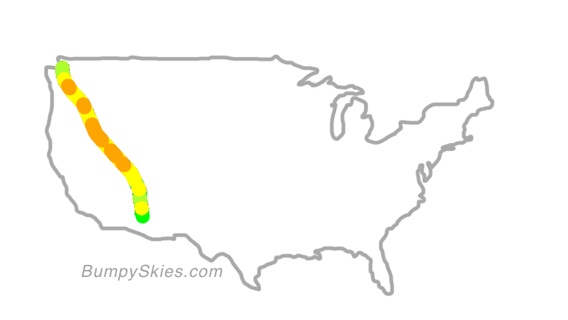 Map of continental US with illustrated flight path and turbulence forecast (described in text below)