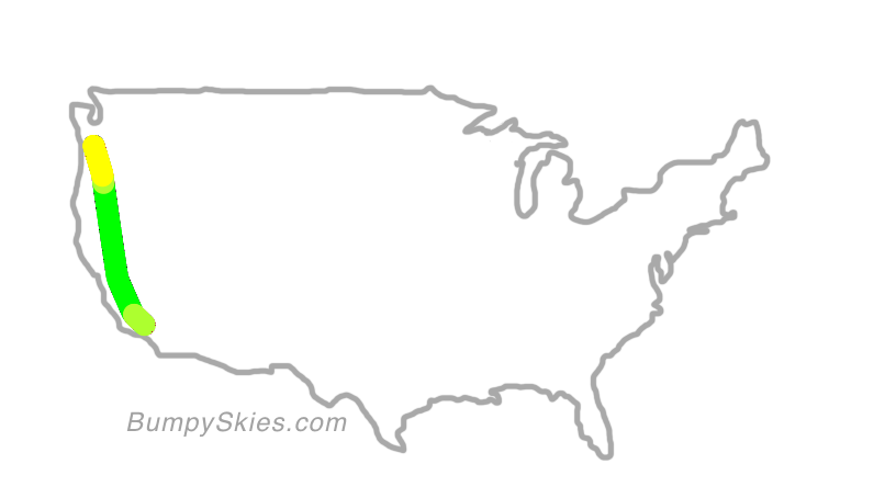 Map of continental US with illustrated flight path and turbulence forecast (described in text below)