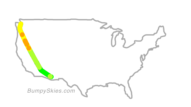 Map of continental US with illustrated flight path and turbulence forecast (described in text below)