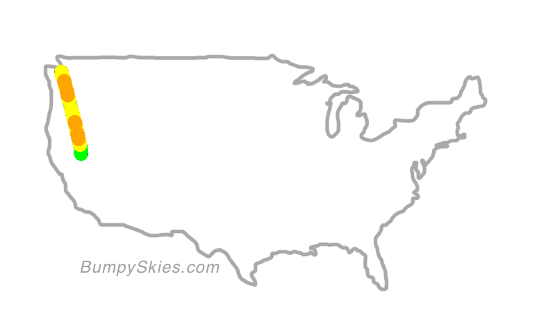 Map of continental US with illustrated flight path and turbulence forecast (described in text below)