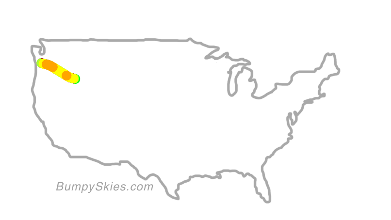 Map of continental US with illustrated flight path and turbulence forecast (described in text below)