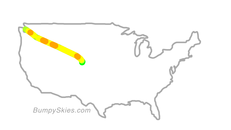 Map of continental US with illustrated flight path and turbulence forecast (described in text below)