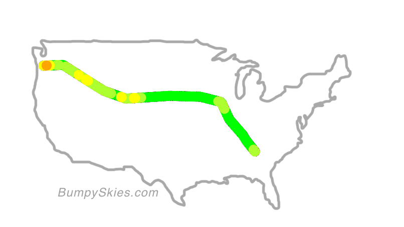 Map of continental US with illustrated flight path and turbulence forecast (described in text below)