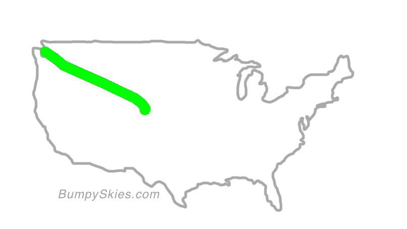 Map of continental US with illustrated flight path and turbulence forecast (described in text below)