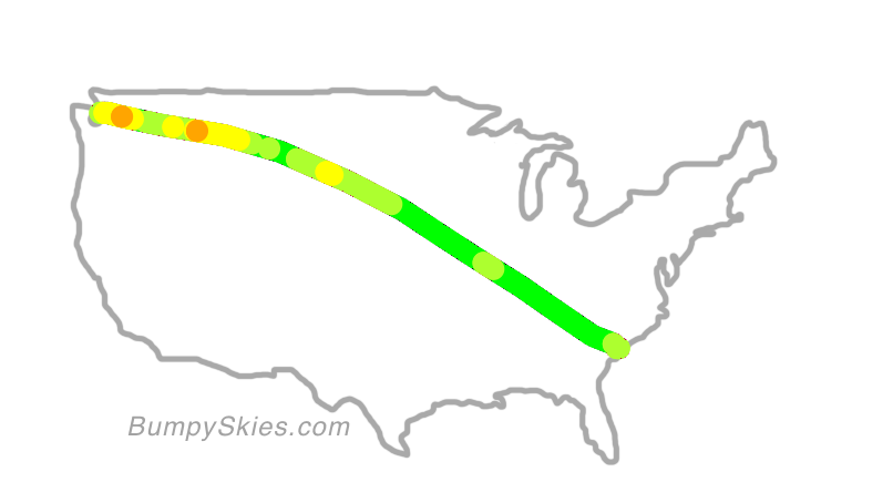 Map of continental US with illustrated flight path and turbulence forecast (described in text below)