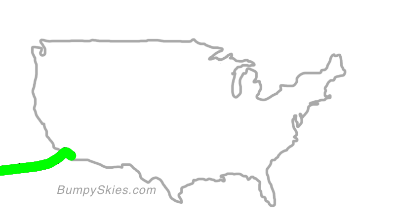 Map of continental US with illustrated flight path and turbulence forecast (described in text below)