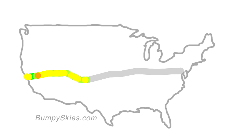 Map of continental US with illustrated flight path and turbulence forecast (described in text below)