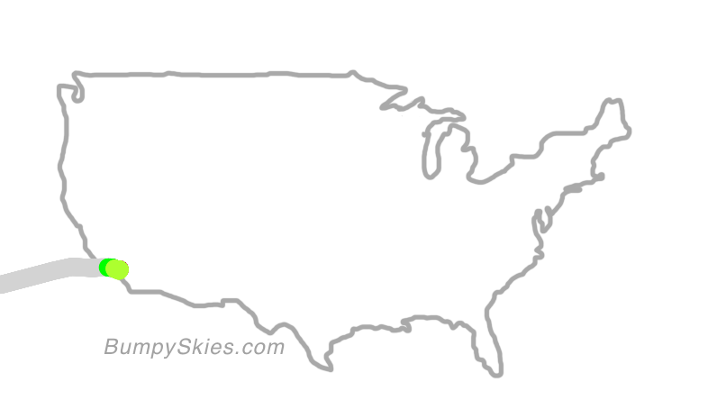 Map of continental US with illustrated flight path and turbulence forecast (described in text below)