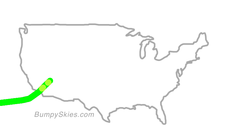 Map of continental US with illustrated flight path and turbulence forecast (described in text below)