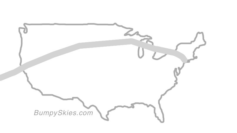 Map of continental US with illustrated flight path and turbulence forecast (described in text below)