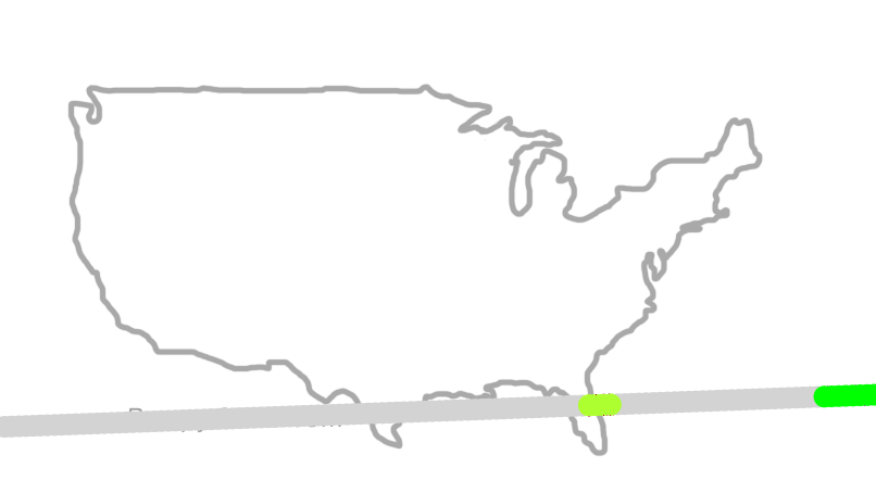 Map of continental US with illustrated flight path and turbulence forecast (described in text below)