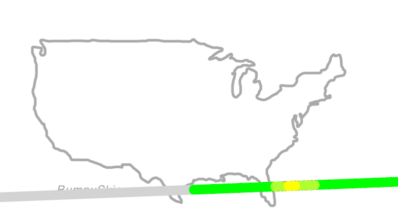 Map of continental US with illustrated flight path and turbulence forecast (described in text below)