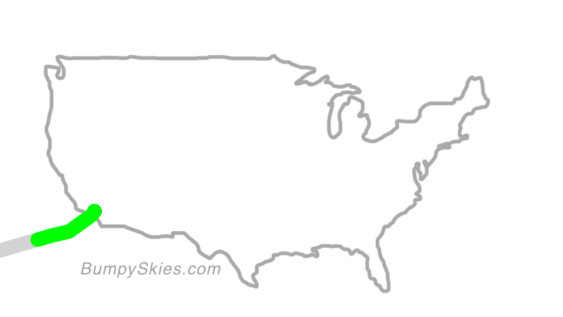 Map of continental US with illustrated flight path and turbulence forecast (described in text below)