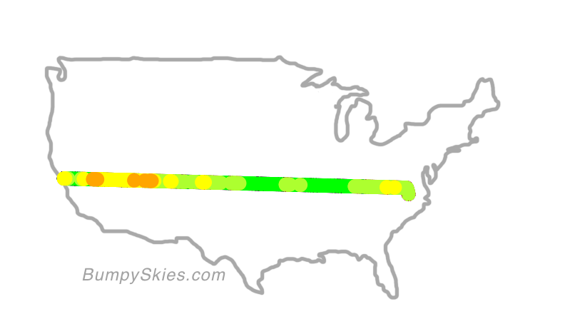 Map of continental US with illustrated flight path and turbulence forecast (described in text below)