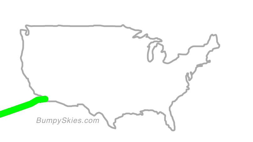 Map of continental US with illustrated flight path and turbulence forecast (described in text below)