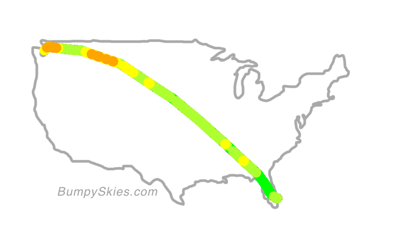 Map of continental US with illustrated flight path and turbulence forecast (described in text below)