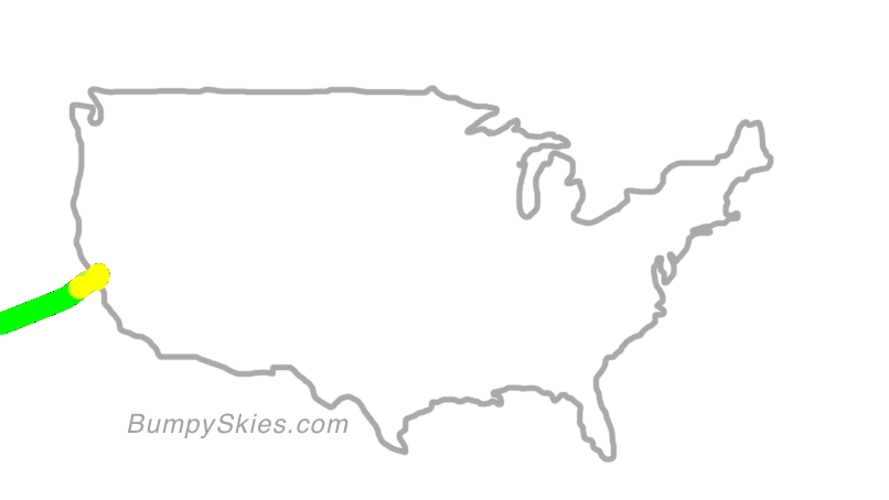 Map of continental US with illustrated flight path and turbulence forecast (described in text below)