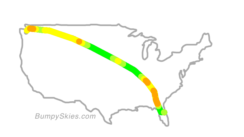 Map of continental US with illustrated flight path and turbulence forecast (described in text below)