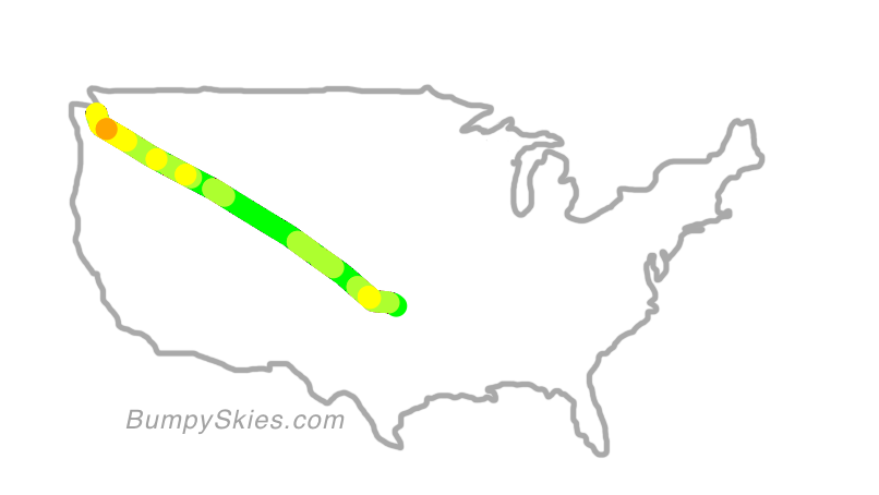 Map of continental US with illustrated flight path and turbulence forecast (described in text below)