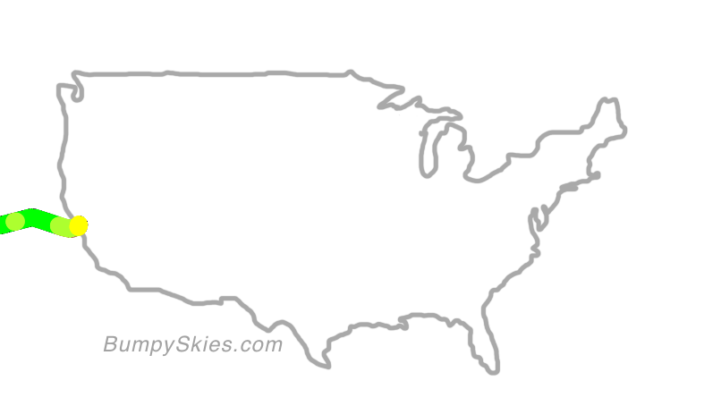 Map of continental US with illustrated flight path and turbulence forecast (described in text below)