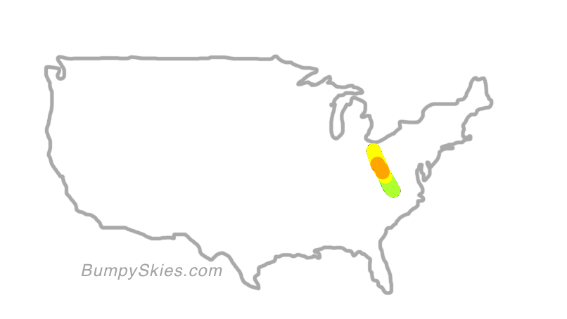 Map of continental US with illustrated flight path and turbulence forecast (described in text below)