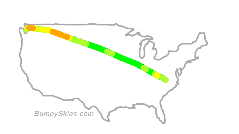 Map of continental US with illustrated flight path and turbulence forecast (described in text below)
