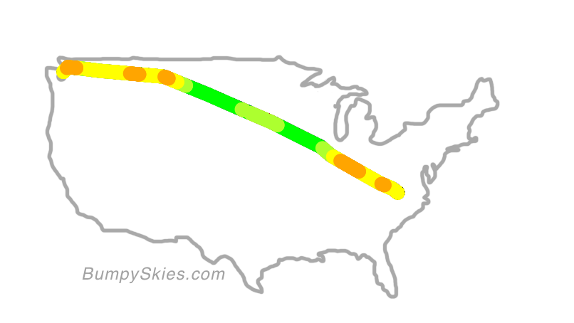 Map of continental US with illustrated flight path and turbulence forecast (described in text below)